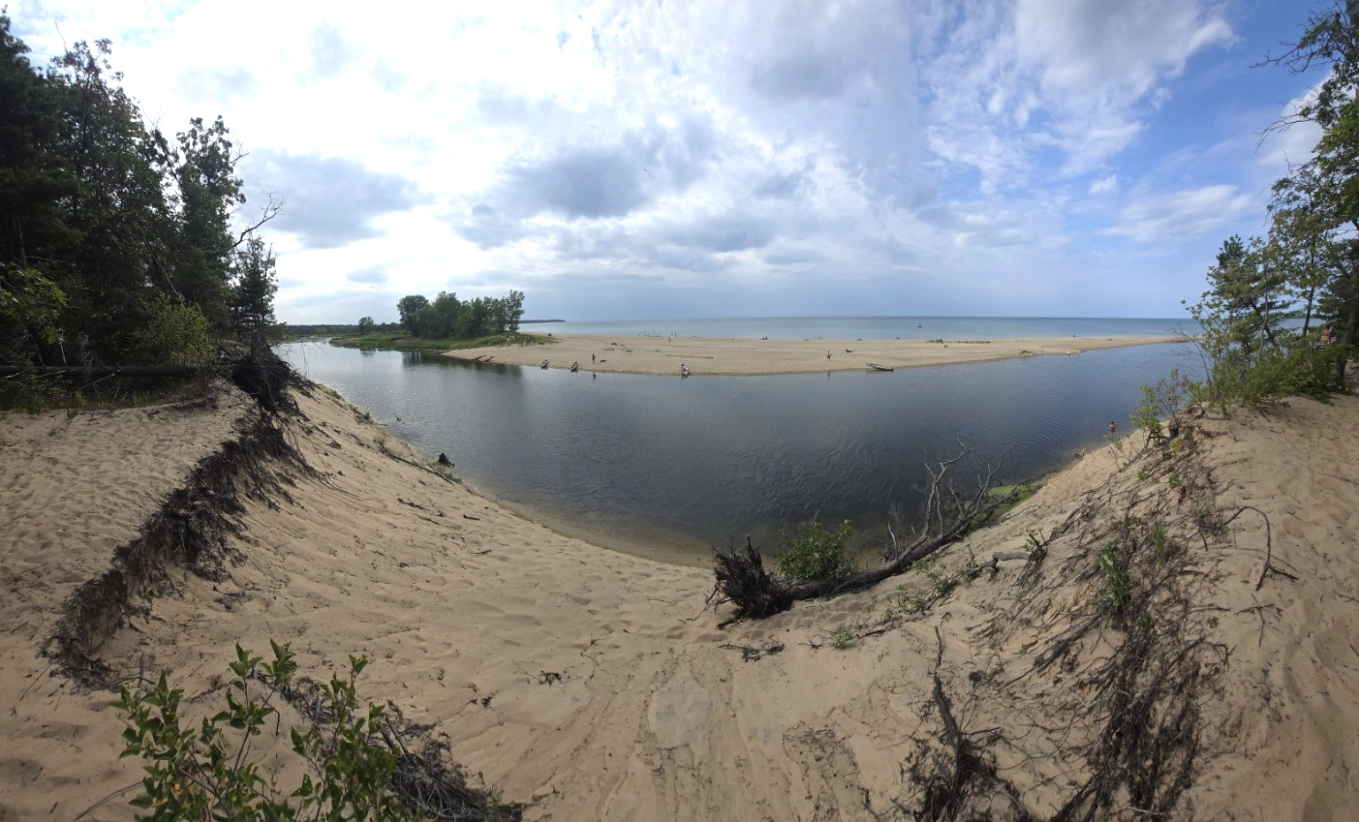 Panoramic view of the river mouth, beach, and Lake Huron